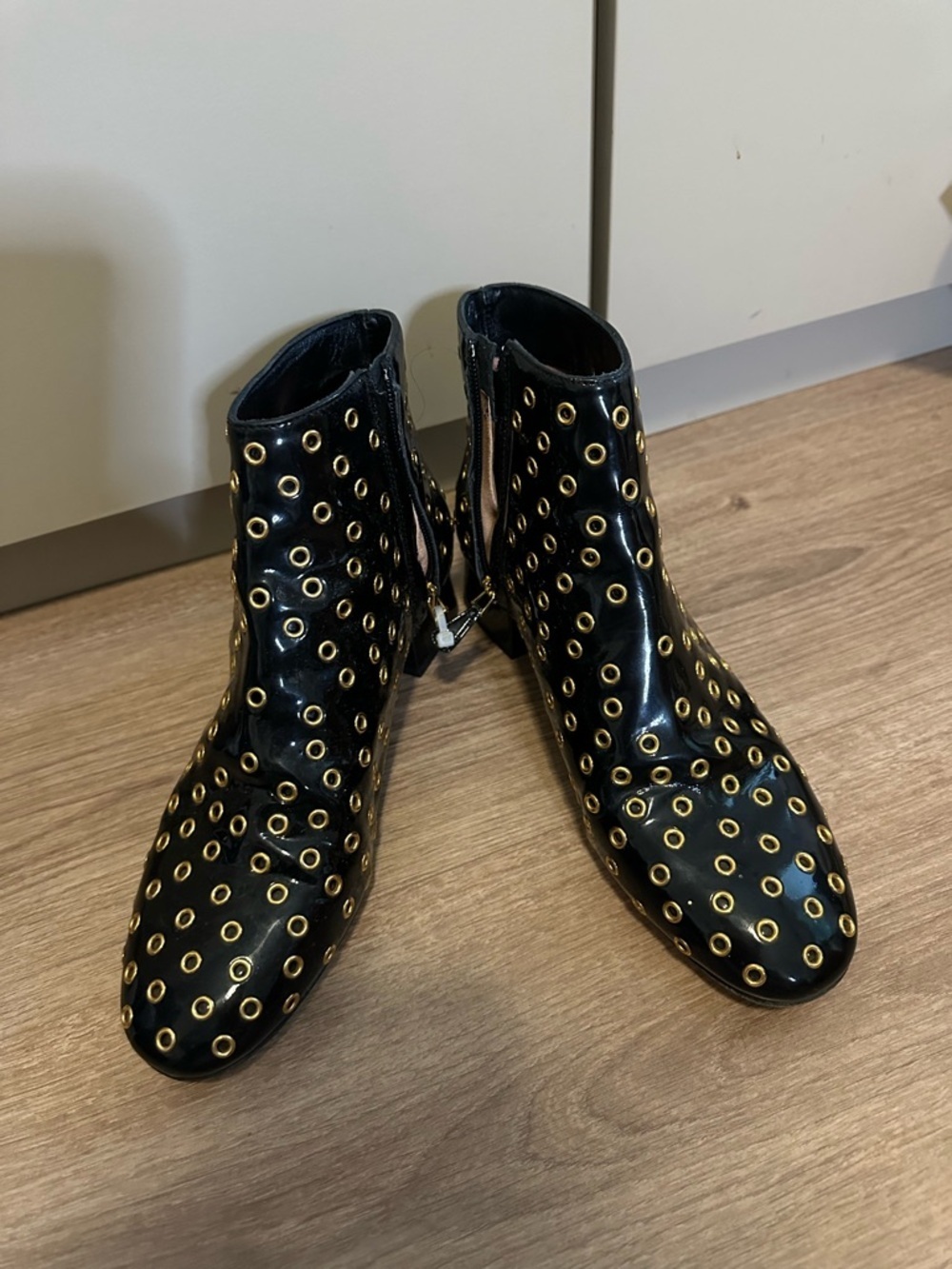 Valentino Red Black Ankle Boots with Gold Eyelet Detail - Women Shoes Size 38